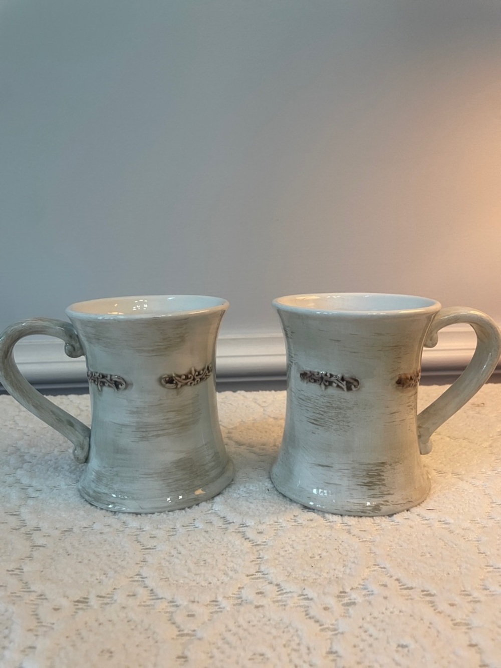 Handcrafted Cream Ceramic Mugs with Subtle Distressed Detail Set of 2 by bistro